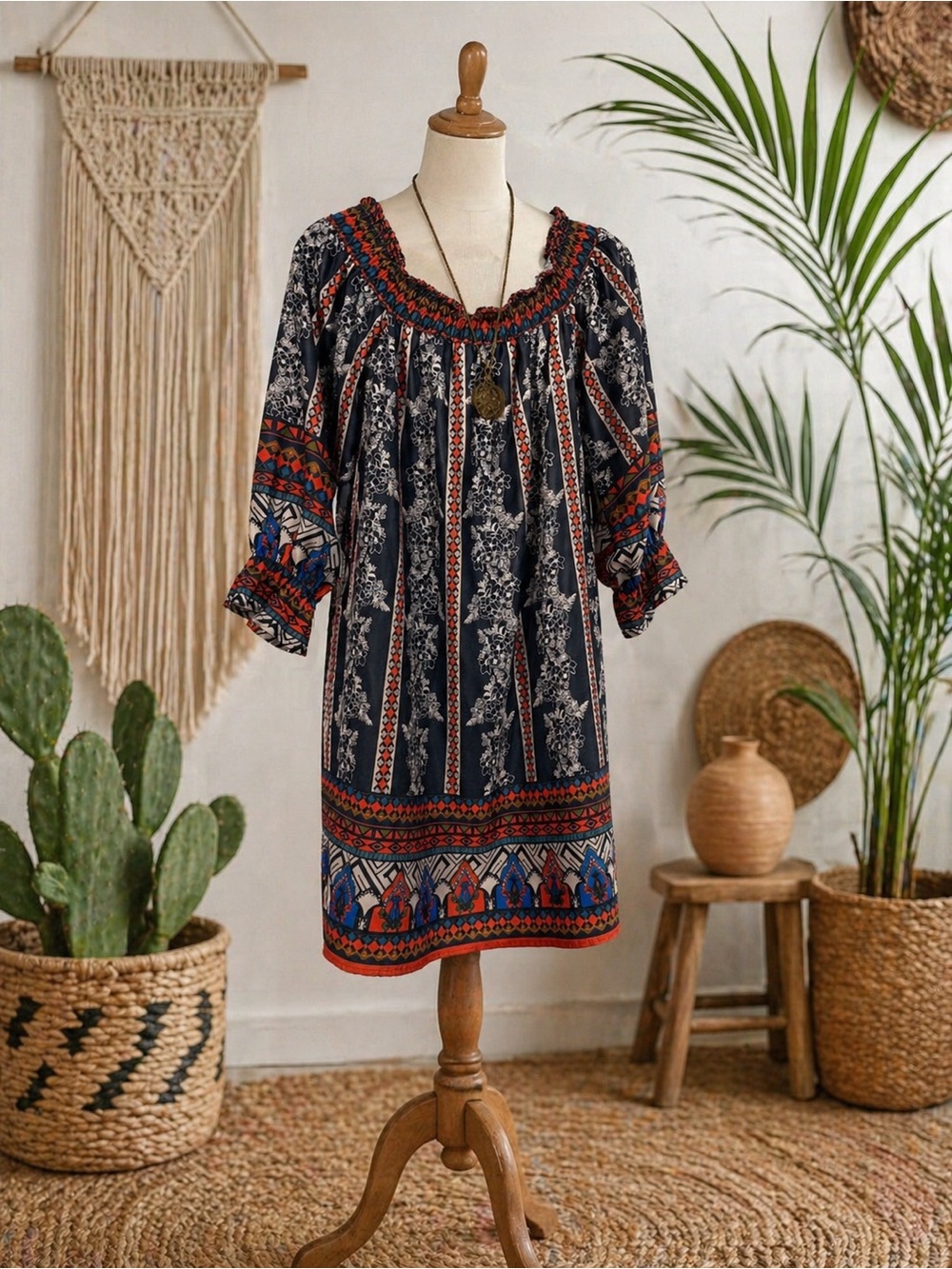 Chelsea & Violet Boho Floral Stripe Navy and Red Peasant Dress